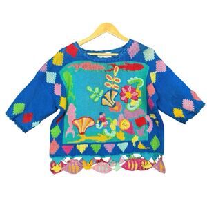 Vintage 90s Petite Sophisticate Knit Sweater M Ramie Cotton Fish Hem Novelty